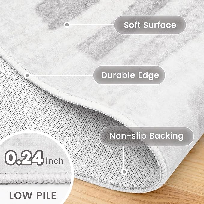 Washable Area Rugs,2x6ft Soft Rug for Living Room and Bedroom Vintage Striped Rug Stain Resistant with Non Slip Backing Geometric Checkered Foldable Print Mat for Home Decor