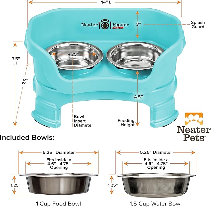 Neater Feeder Deluxe Mess Proof Cat Bowls Elevated for All Breeds – Made in USA – No Spill Raised Cat Bowls for Indoor Cats w/Leg Extensions – Stainless Steel Cat Food and Water Bowl Set - Teal