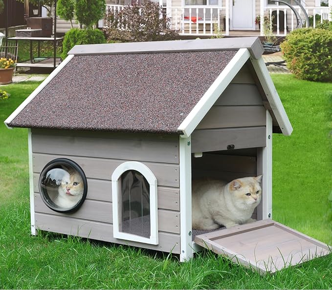 Rockever Outdoor Cat House, Waterproof Feral Cat House for Outdoor Cats with Escape Door and Clear Windows for 2 Cats(with Self Warming Mat)