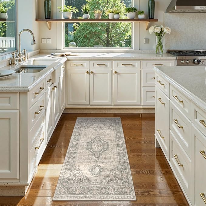 Lahome Oriental Small Area Rug, 2x4 Washable Entryway Rug Non-Slip Ultra-Thin Indoor Door Mat Distressed Throw Carpet for Kitchen Bedroom, Grey/Brown