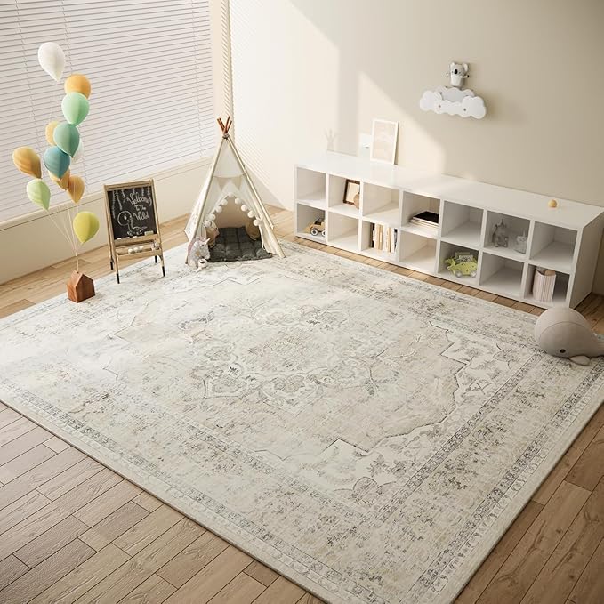 Area Rugs 10x12 Living Room: Washable Rugs for Bedroom Stain Resistant Non Slip Distressed Vintage Large Boho Rug Low Pile Faux Wool Soft Carpets for Living Room Dining Room Farmhouse Playroom
