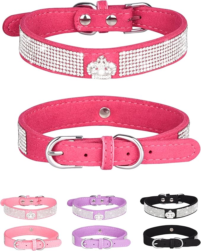 Bling Dog Collar for Small Medium Large Dogs, Crown Rhinestone Dog Collars for Girl and boy Dog, Diamond Puppy Collars, Adjustable Leather Suede SOFE Cat Collar (L(15"-18.1"/38CM-46CM), Rose Red)
