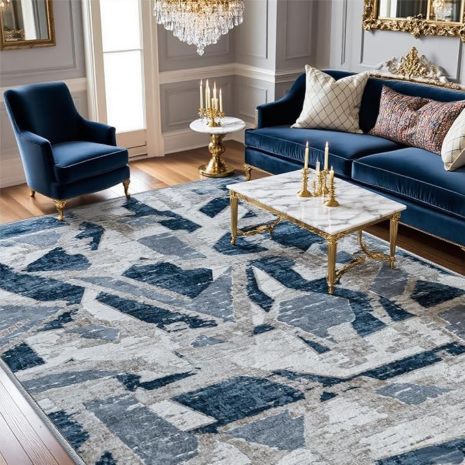8X10 Area Rugs for Living Room Bedroom,Modern Abstract Large Carpet Washable Rugs 8x10 for Dining Room Office,Non Slip Blue Print Faux Wool Thin 8 by 10 Indoor Nursery Kids Home Pet & Child Friendly