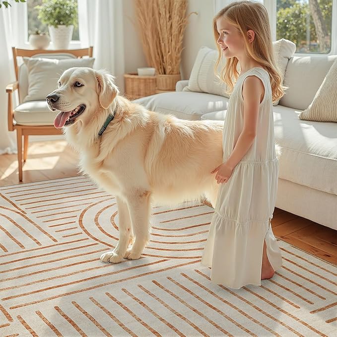 DCX Beige Machine Washable 8x10 Area Rugs, Midcentury Modern Non Slip Stain Resistant Rug 8x10 for Living Room, Playroom, Dining Room, Soft Low Pile Large Carpet