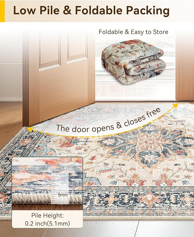 Area Rugs 2'6''x12' Runner Rug Non Slip Washable for Kitchen Hallway Bedroom Beside Laundry Room Bathroom Rug, Floor Carpet, Beige Navy Blue Orange Colorful