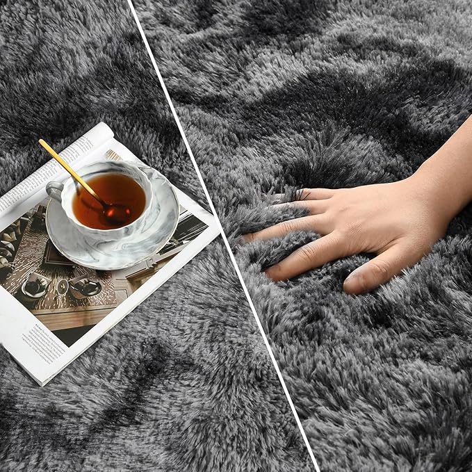 Large Shag Area Rugs 8 x 10, Tie-Dyed Plush Fuzzy Rugs for Living Room, Ultra Soft Fluffy Furry Rug for Bedroom, Indoor Carpet Nursery Rugs for Kids Room Home Decor, Dark Grey
