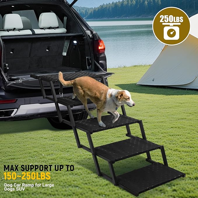 Extra Wide Dog Stairs for Car - Foldable Dog Ramps for Large Dogs with Non Slip Surface, Portable Dog Steps for Cars and SUV, Truck, Support Up to 250 Lbs