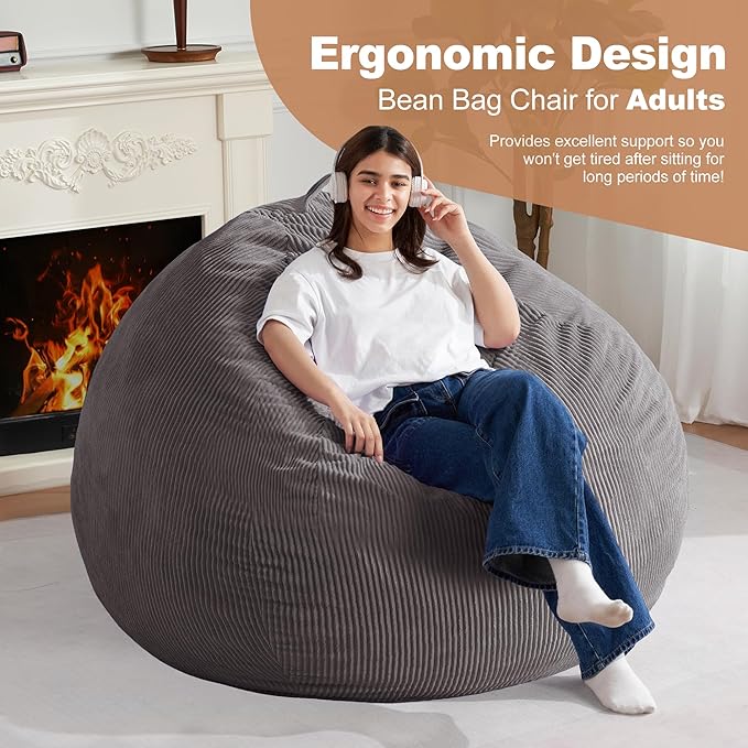 Homguava 5FT Bean Bag Chair for Adults,Teardrop Giant Bean Bags Big Beanbag Chair with Memory Foam Filled and Ultra Soft Removable Corduroy Cover for Living Room, Bedroom (Grey)