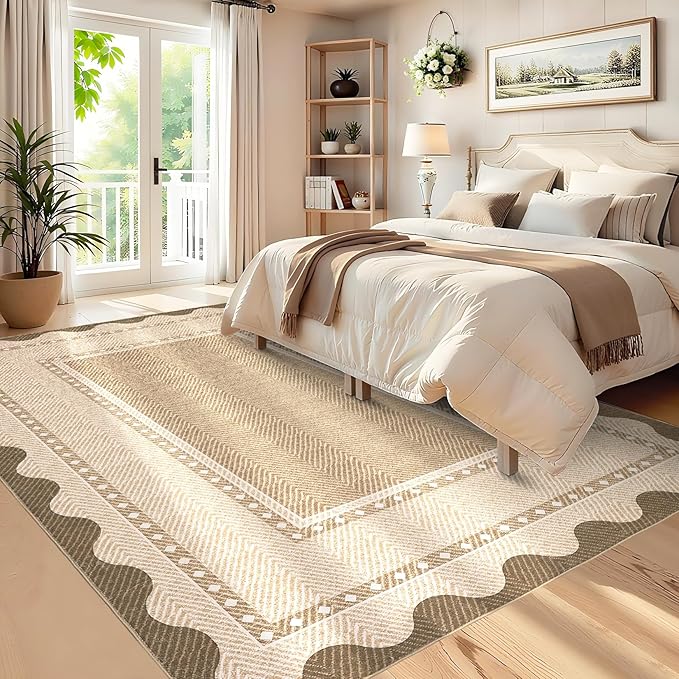 GarveeHome Washable 8x10 Area Rugs with Non Slip Backing, Large Solid Rugs for Living Room Bedroom, Modern Border Neutral Soft Carpet, Stain-Resistant Floor Mats for Nursery, Home Decor, Linen Color