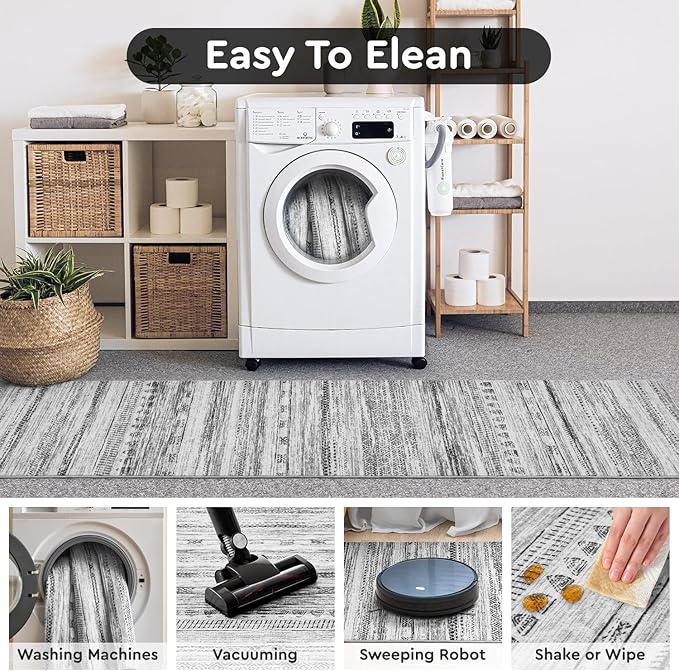 2x8 Runner Rug Machine Washable Non Slip Area Rug Distressed Neutral Moroccan Boho Rug Ultra Soft Floor Runners for Hallways for Entryway Laundry Room Kitchen, Black