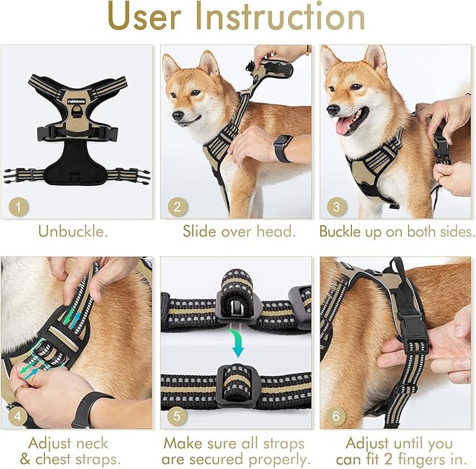 rabbitgoo Dog Harness No Pull with 2 Leash Clips, Adjustable Soft Padded, Reflective Oxford No Choke Pet Vest with Easy Control Handle for Large Dogs, Beige, XL