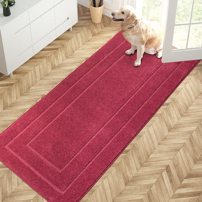 PURRUGS Dirt Trapping Door Mat 32" x 70", Non-Slip/Skid Machine Washable Entryway Rug, Dog Doormat, Super Absorbent Welcome Mat for Muddy Wet Shoes and Paws, Burgundy Red