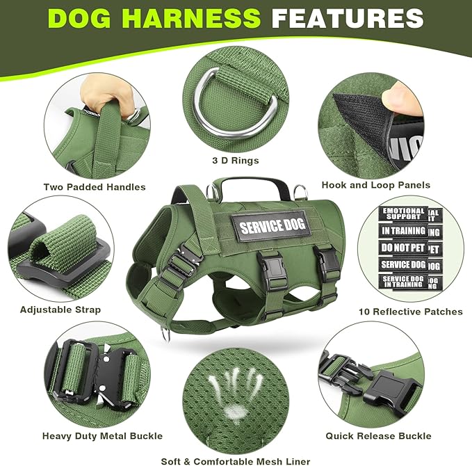 WINSEE Service Dog Vest Harness for Large Dog, Tactical Working MOLLE Vest with 10 Pet Patches, No Pull Heavy Duty Harness for Training Walking