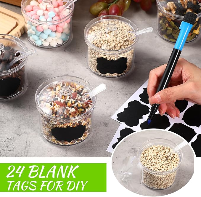 Tioncy 12 Pcs Hot Cocoa Bar Supplies Sugar Bowls with Lid and Spoon Party Bar Ice Cream Sundae Caramel Apple Dipping Container Christmas Acrylic Candy Dispenser with Tag (13.5 oz,Clear)