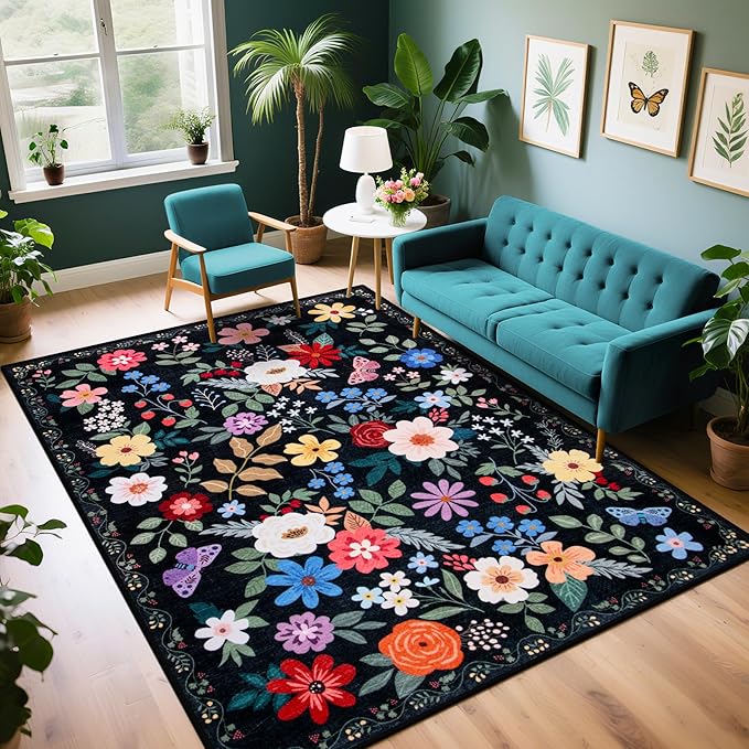 Area Rug Living Room Rugs: Floral 4x6 Washable Rug Vintage Soft Boho Non-Slip Carpet Indoor Floor Stain Resistant Large Carpets for Bedroom Dining Room Farmhouse Nursery Hallway Home Office Black
