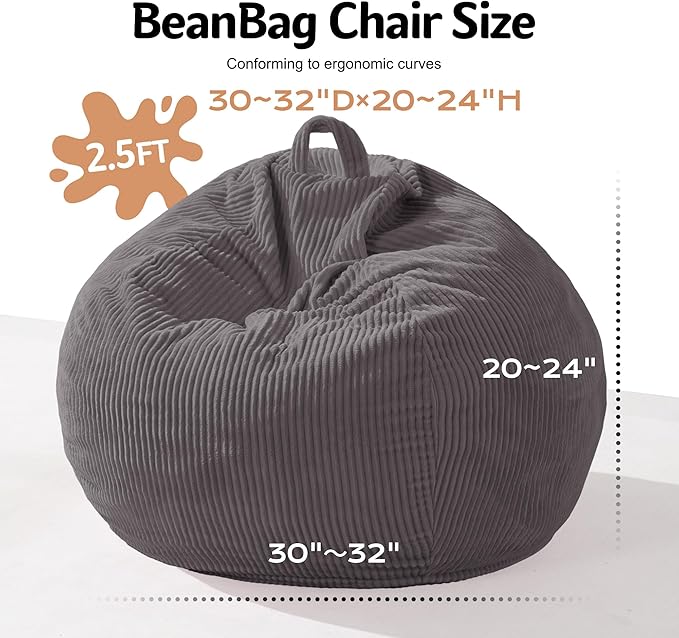 Homguava 2.5FT Bean Bag Chair,Teardrop Bean Bags Small Beanbag Chair with Memory Foam Filled and Ultra Soft Corduroy Cover for Living Room, Bedroom (Grey)