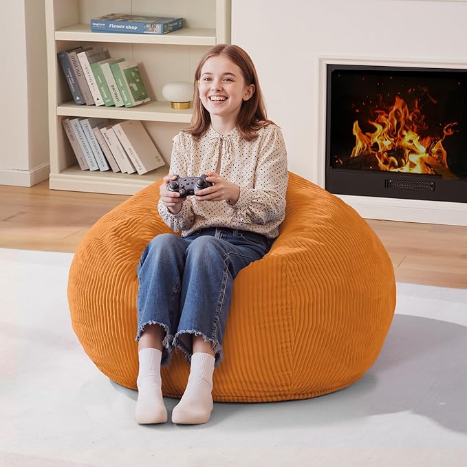 Homguava 2.5FT Bean Bag Chair,Teardrop Bean Bags Small Beanbag Chair with Memory Foam Filled and Ultra Soft Corduroy Cover for Living Room, Bedroom(Orange)