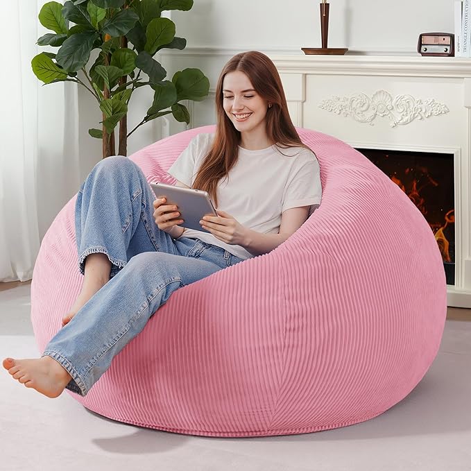 Homguava 5FT Bean Bag Chair for Adults,Teardrop Giant Bean Bags Big Beanbag Chair with Memory Foam Filled and Ultra Soft Removable Corduroy Cover for Living Room, Bedroom (Light Pink)