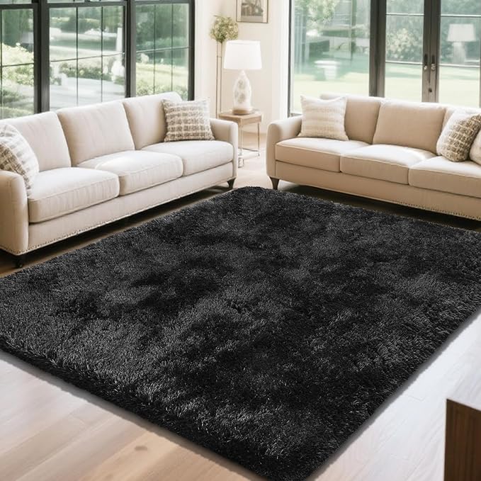 Fluffy Rug Shaggy Area Rug, Black 6x9 Area Rugs for Living Room, Large Shag Area Rugs for Bedroom Kids Room Home Decor, Upgrade Anti-Skid Rectangular Fuzzy Rugs