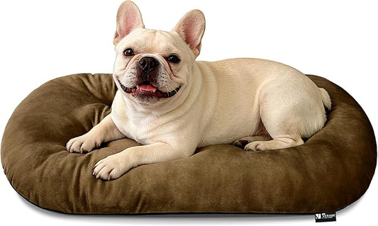 Durable & Washable Dog Bed for Small Medium Dogs & Cats, Plush Faux Silver Fox Fur Oval Bed with Non-Slip Bottom & Supportive Pad, 29”x18” Brown