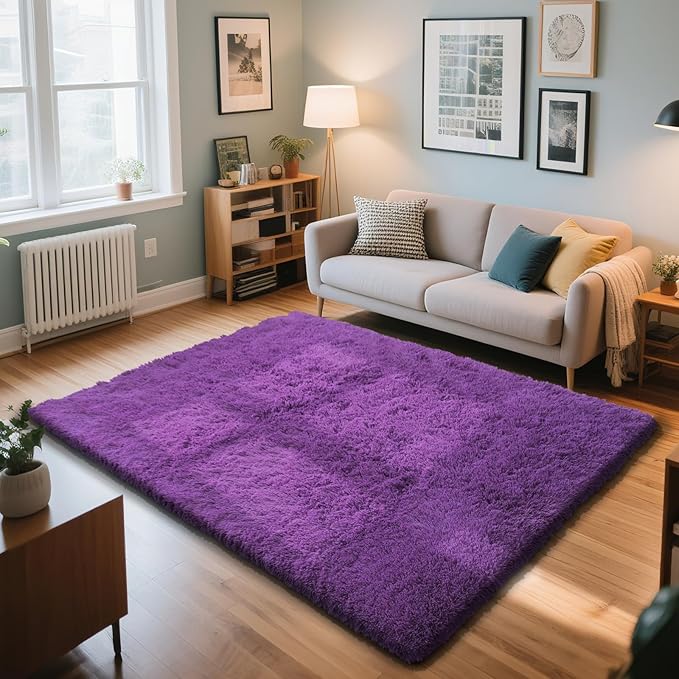 Purple Fluffy Rug Shaggy Area Rug, 4x6 Area Rugs for Girls Bedroom, Soft Cute Baby Play Mat, Indoor Floor Carpet for Teen, Nursery, Preppy Dorm, Plush Aesthetic Bedside Rug