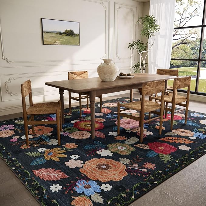 Machine Washable Bedroom Area Rug: 5'x7' Living Room Rug Floral Vintage Large Rugs Stain Resistant Non Slip Low Pile Faux Wool Soft Rug for Dining Room Bedside Kitchen Entryway Nursery Home Office