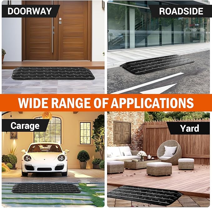 Rubber Wheelchair Threshold Ramp, 1"/1.5"/2"/2.5"/3"/3.5"/4" Rise Options, Wheelchair Ramp 7000Lbs Load Capacity, Non-Slip Textured Surface for Wheelchairs, Scooters (1.5" Rise-1Pack)