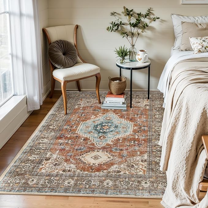 Lahome Oriental Washable Rug, 3x5 Rugs for Bedroom Living Room Entryway, Vintage Ultra-Thin Non-Slip Soft Throw Carpet for Kitchen Office Entrance, Orange/Multi