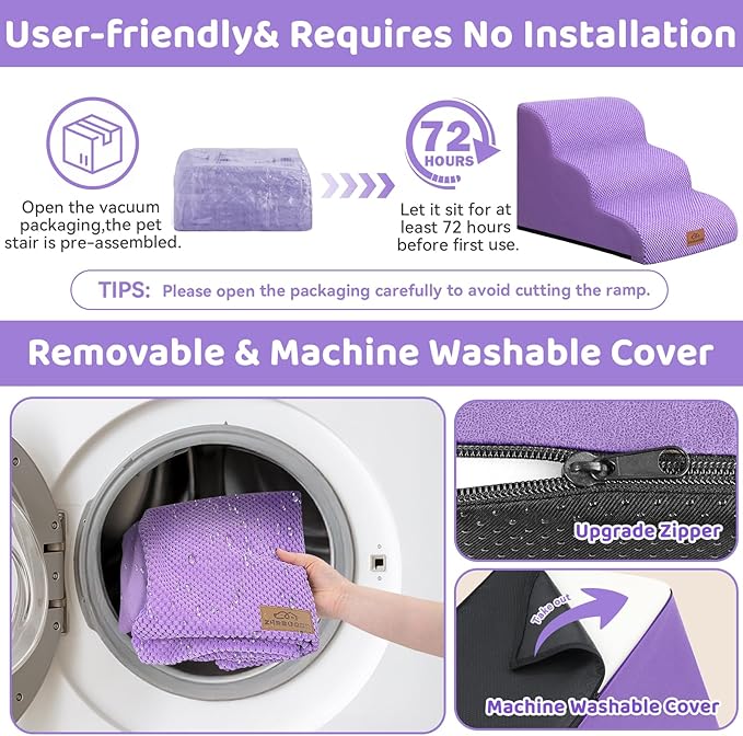 Dog Ramp and Stair for Bed 16" H-20 H,3-Step Cat Stair for Sofa and Chair,4-Step Dog Ramp for High Bed and Window,Durable Nonslip Fabric Stair for Indoor (Purple-16 H, Pet Friendly, 3)