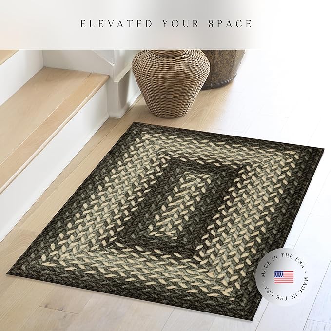 Maples Rugs Marion Bohemian Braided-Style Print Area Rug ??Made in USA ??Washable, Non-Slip Low-Profile Small Indoor Rug for Entryway & Kitchen, 46" x 30", Black