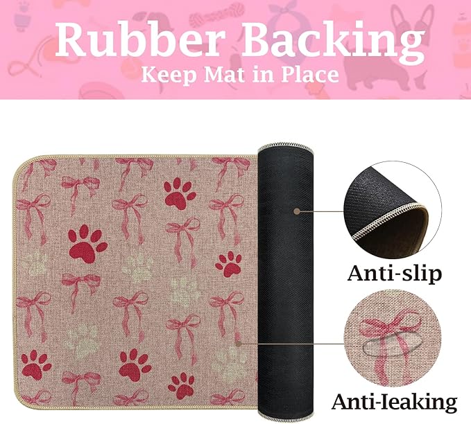 SHIYUE Dog Food Mats for Floors, Absorbent Cat Bowl for Food and Water, Non-Slip Accessories Pet Supplies(12"x20",Pink Bow Footprint)