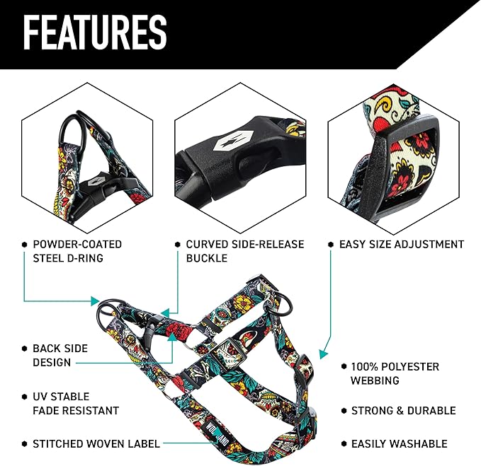 Wolfgang Heavy Duty Adjustable Dog Harness, Pull-Tested to Over 800 lbs for Walking & Training, LosMuertos Print, Medium