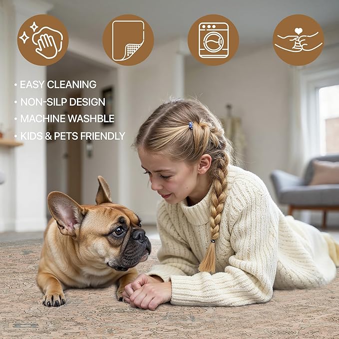 2x5 Runner Rug Machine Washable Boho Rug Runners for Hallway,Ultra-Thin Low Pile Rug,Lightweight Indoor Carpet,Non Slip Floral Runners for Enrtyway, Corridor, Home Office, Kitchen,Light Beige