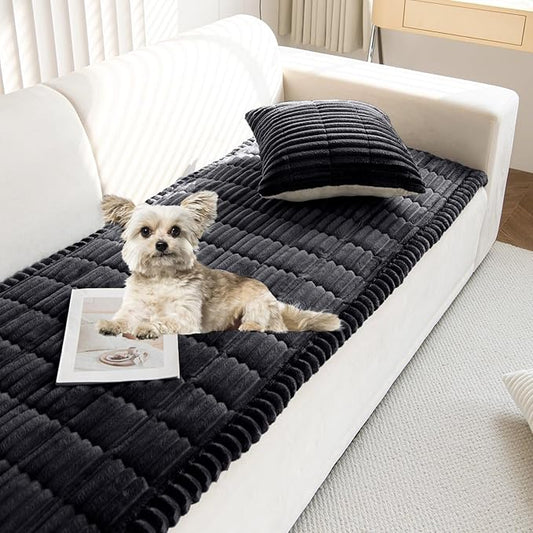 Faux Fur Plush Dog Couch Cover 3D Stripe Fuzzy Sofa Cover Non-Slip Fluffy Dog Bed Cover Pet Blanket Sofa Couch Furniture Protector for Puppy Large Dog Cat (Black,35"x63")