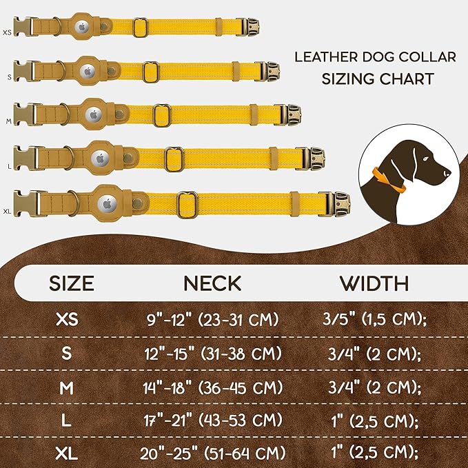 Reflective Leather Dog Collar with AirTag Holder - Soft Apple Airtag Dog Collar with Metal Buckle - Safety Cotton Pet Collars for Dogs Small Large Dogs Puppy (Yellow, L, 17"-21")