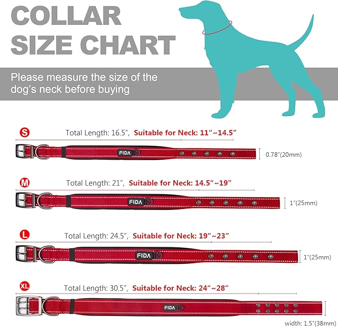 Fida Heavy Duty Dog Collar, Ultra Comfortable Soft Neoprene Padded, Adjustable Reflective Nylon Pet Collar with Durable Metal Belt Buckle for Small Breeds (S, Red)