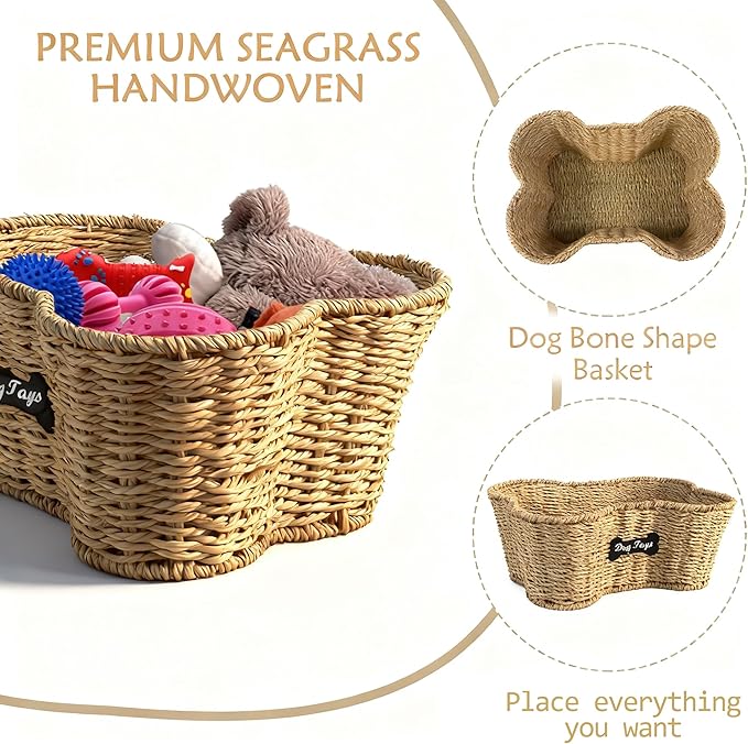 Dog Toy Basket Medium,Dogs Toy Bin, Wicker Storage Basket,Dog Bone Baskets,Dogs Toy Box for Living Room Area,Ideal for Doggie Leash Blanket Toys Treats,Natural Farmhouse Seagrass Basket