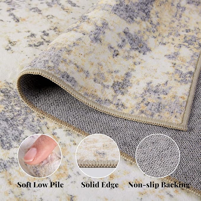 Area Rug Living Room Washable Rugs: 9x12 Modern Neutral Abstract Low Pile Non Slip Floor Carpet - Large Soft Thin Stain Resistant Rug for Bedroom Dining Indoor Office Home, Gold Grey
