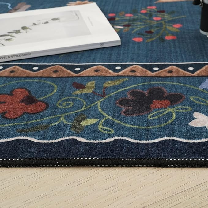 Rugcomf Bedroom Rug 3x5 Rug Washable Area Rug Non Slip Low Pile Boho Floral Animal Cat Small Carpet for Bedside Kitchen Entryway Kids Room Office College Dorm Essentials for Girls, Pearl Gentian Blue