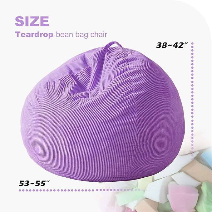 Homguava 5FT Bean Bag Chair for Adults,Teardrop Giant Bean Bags Big Beanbag Chair with Memory Foam Filled and Ultra Soft Removable Corduroy Cover for Living Room, Bedroom (Purple)