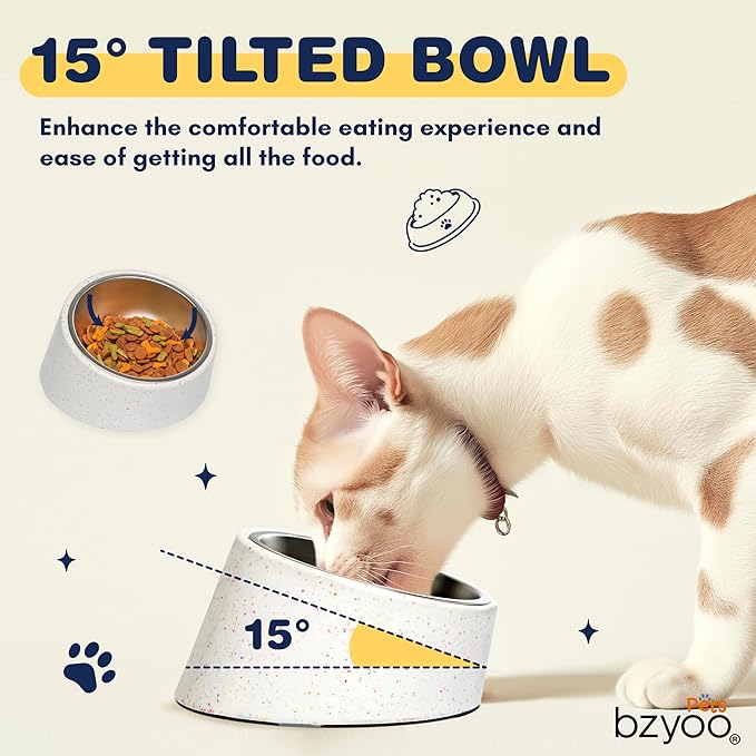 Bzyoo 2 Cup Tilted Dog Bowl for Small Dogs & Cats, Stylish Sprinkle Design, Elevated, Stainless Steel 16oz Inner Bowl, Non-Skid, Help Cotain Spills, Dishwasher Safe Color: White