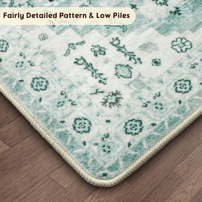 LBRO2M Boho Area Rug 6X9 Washable Rugs for Bedroom Low Piles Indoor Carpet, Non Slip Soft Rug for Living Room, Dining Room, Green Rug Foldable Pet Friendly Area Rugs Stain Resistant (6'X9' Green)