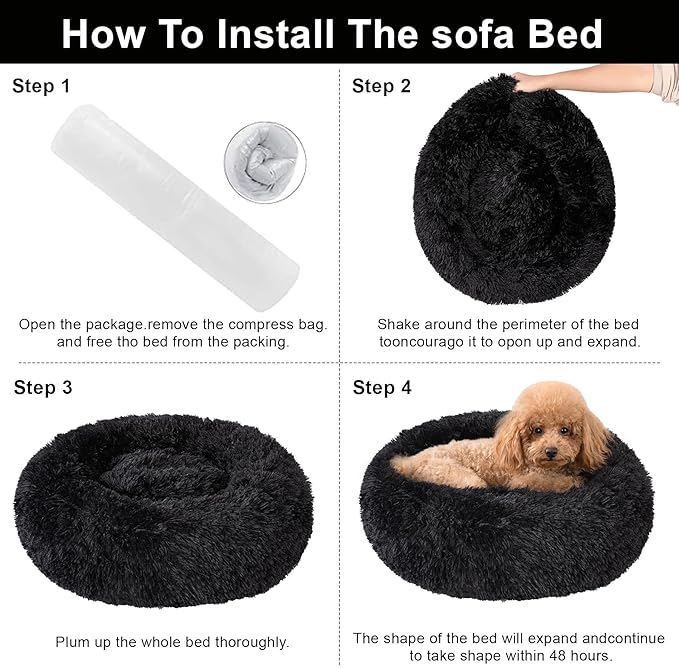 Dog Calming Beds for Small Medium Large Dogs - Round Donut Washable Puppy Dog Bed, Anti-Slip Faux Fur Fluffy Donut Cuddle Anxiety Cat Pet Bed(20" Black