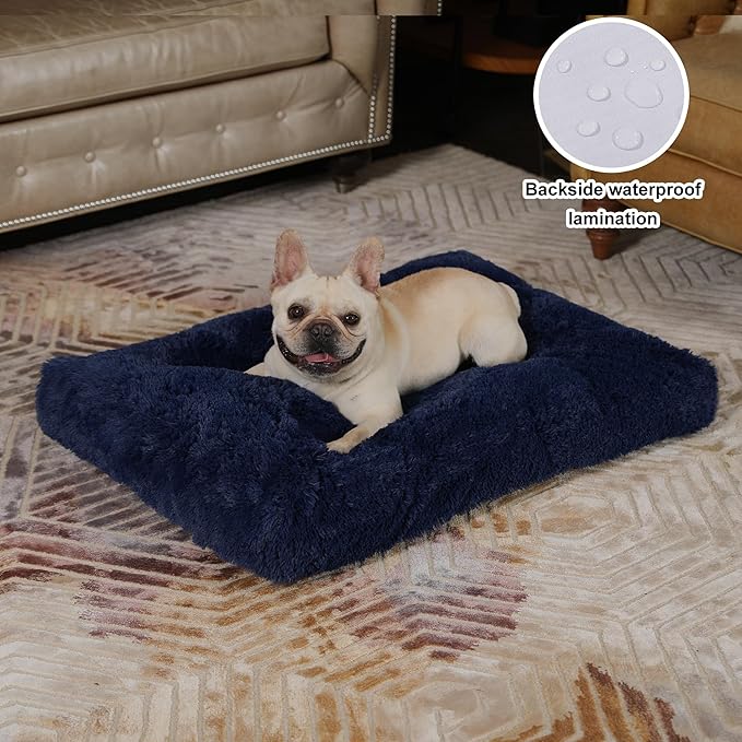 Bedfolks Waterproof Dog Crate Pad, Plush With Removable Cover, Faux Fur for Large Dogs, Fluffy Washable Kennel Bed 35"x23", Solid Dark Blue