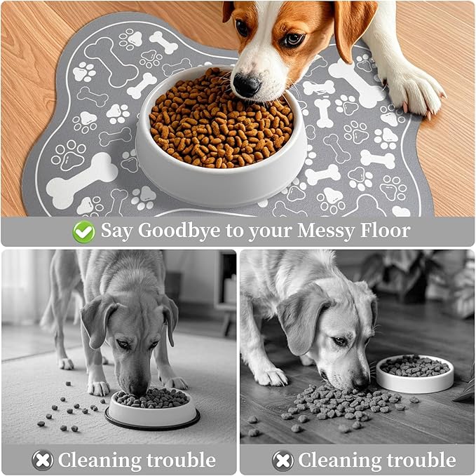 Dog & Cat Food Mat Bone Shaped Pet Feeding Mat Quick Absorb Water Bowl Placemat with Rubber Backing Indoor Floor Stain Resistant Pet Accessory Supplies (Grey, 17x29 Inches)