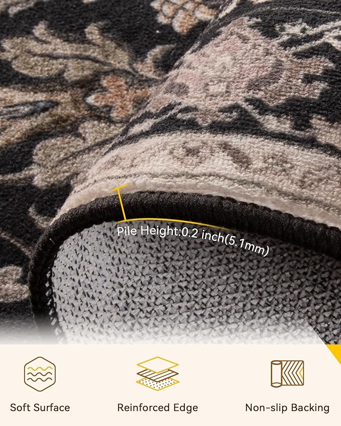 Area Rugs 10'x14' Washable Non-Slip, Floral Vintage Distress Print Pattern Medallion Carpet for Living Room Bedroom Dining Room, Black Brown Neutral Dark Tan