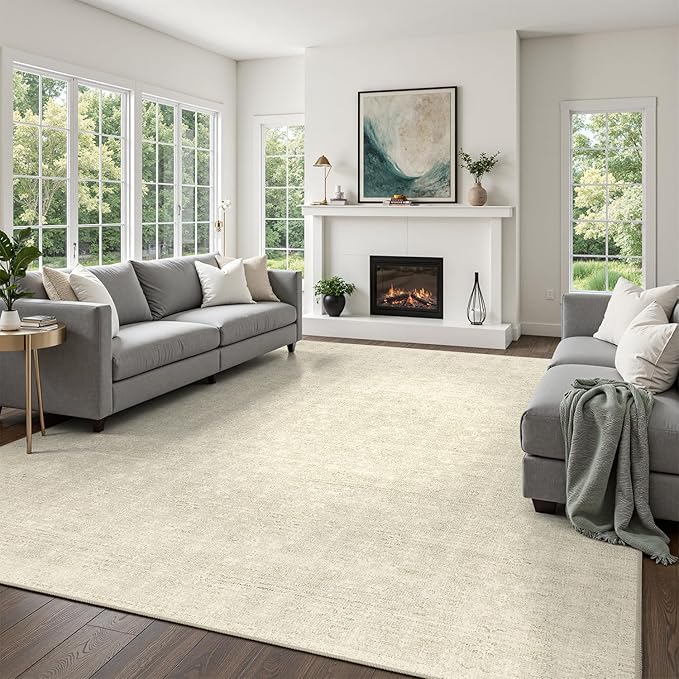 DCX 5x7 Beige Rug, Kid & Pet Friendly with Rubber Back Non Slip, Machine Washable Stain Resistant Neutral Floral Rug for Living Room, Bedroom, Home Office, Soft Low Pile Large Nursery Carpet