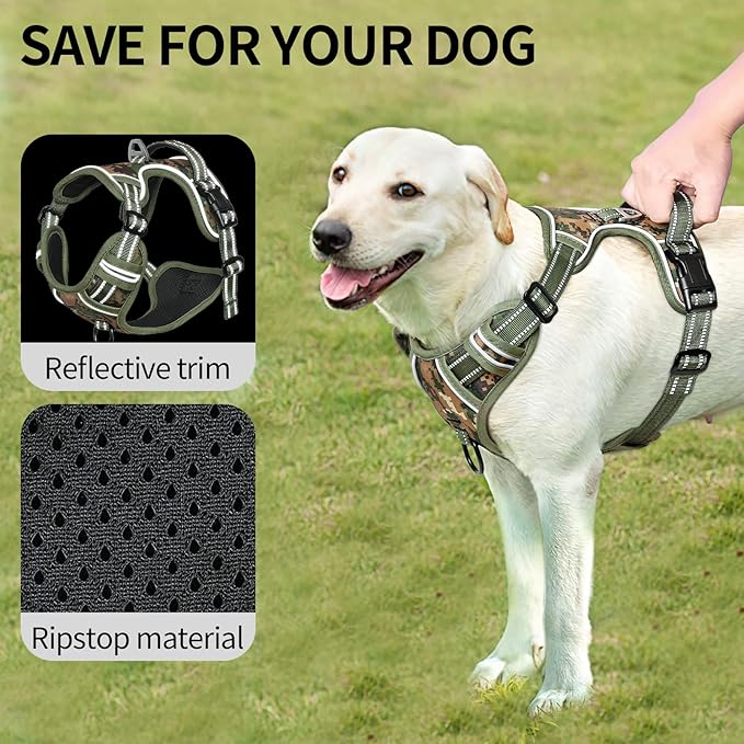 HEELE Dog Harness, No Pull Adjustable Padded Reflective Harness for Small Medium Large Dogs with Handle for Walking Training, Camo Green, M