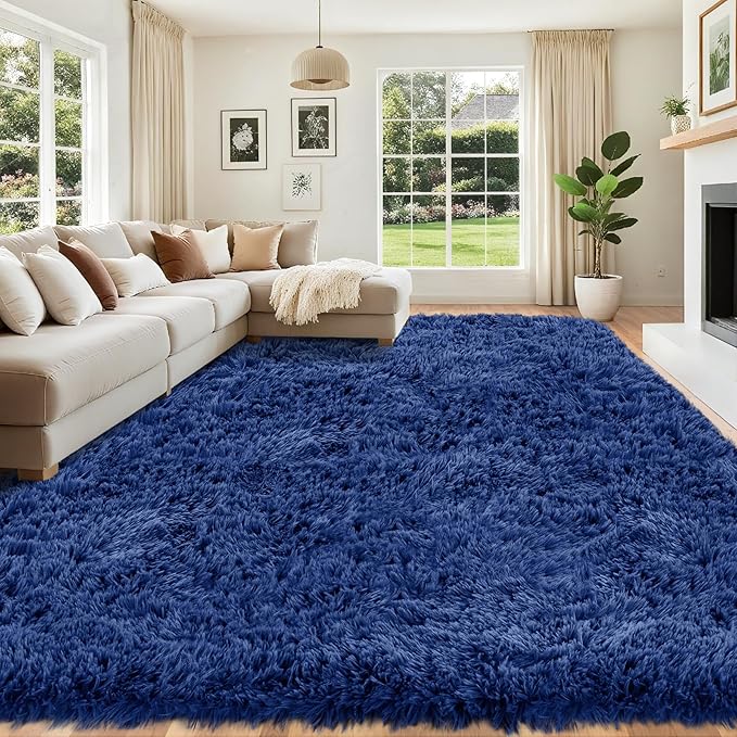 8x10 Area Rug for Living Room: Ultra Soft Fluffy Rug Modern Large Thicked Shag Rug for Bedroom Non Slip Indoor Fuzzy Carpets for Girls Kids Room Nursery Dorm Home Decor Deep Blue