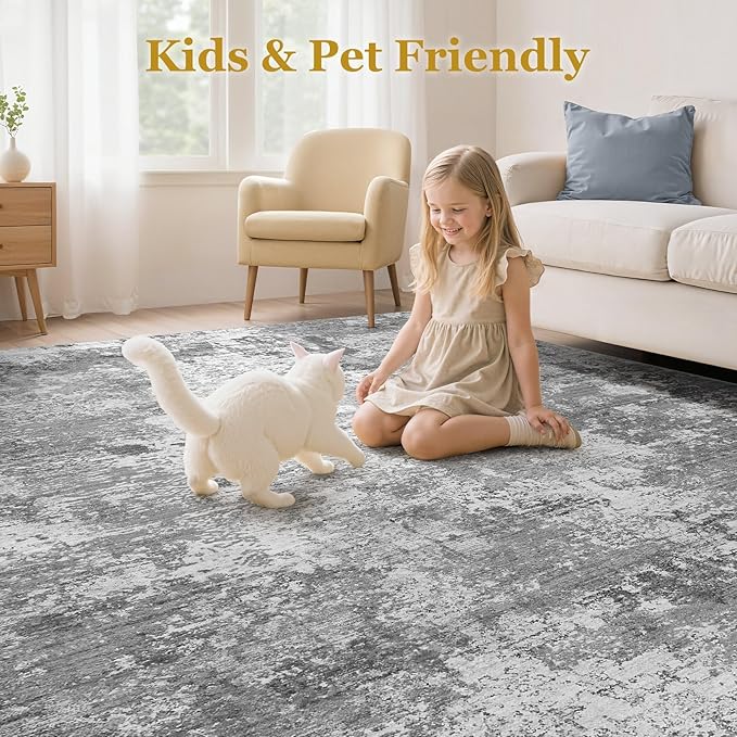Area Rugs for Living Room: 5x7 Abstract Washable Rug Modern Neutral Large Soft Stain Resistant Non-Slip Backing Machine Table for Bedroom Dining Room Indoor Home Office Carpet - Light Grey